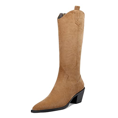 EDEFS Stiefel Damen Halbhohe Kitten Heel Herbst Winter Spitze Zehenkappe Damen Stiefeletten mit Reißverschluss HellBraun EU36 von EDEFS