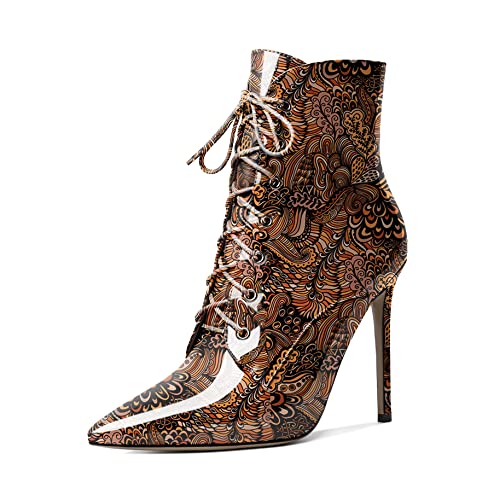 EDEFS Stiefel Damen High Heel Stiefeletten Spitze Zehenkappe Schnürsenkel Komfort Herbst Winter Schuhe Blume-Braun EU40 von EDEFS