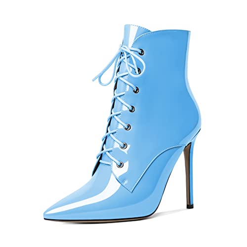 EDEFS Stiefel Damen High Heel Stiefeletten Spitze Zehenkappe Schnürsenkel Komfort Herbst Winter Schuhe Hellblau EU36 von EDEFS