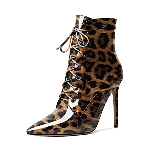 EDEFS Stiefel Damen High Heel Stiefeletten Spitze Zehenkappe Schnürsenkel Komfort Herbst Winter Schuhe Leopard EU40 von EDEFS