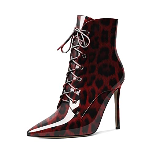 EDEFS Stiefel Damen High Heel Stiefeletten Spitze Zehenkappe Schnürsenkel Komfort Herbst Winter Schuhe Leopard-Rot EU36 von EDEFS