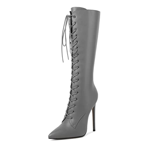 EDEFS Stiefel Damen Knee High Boots Reißverschluss Spitze Zehenkappe Sexy Stiletto Winter Damen Stiefel Grau EU40 von EDEFS