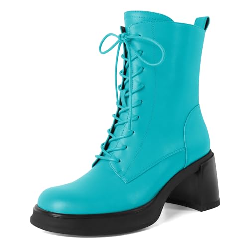 EDEFS Stiefelette mit Runder Zehe und Plateau 2.7 Inch High Block Heel Stiefel mit Knoten Kleid Bequeme Winterstiefel Geeignet für Büro Türkis EU41 von EDEFS