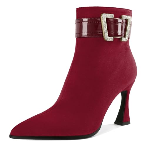 EDEFS Stiefelette mit Spitze 8.5 cm High Heel Stiletto Stiefel für Winter und Herbst Reißverschluss und Schnalle Kleid Hochzeit Schuhe und Party Schuhe Burgundish EU42 von EDEFS