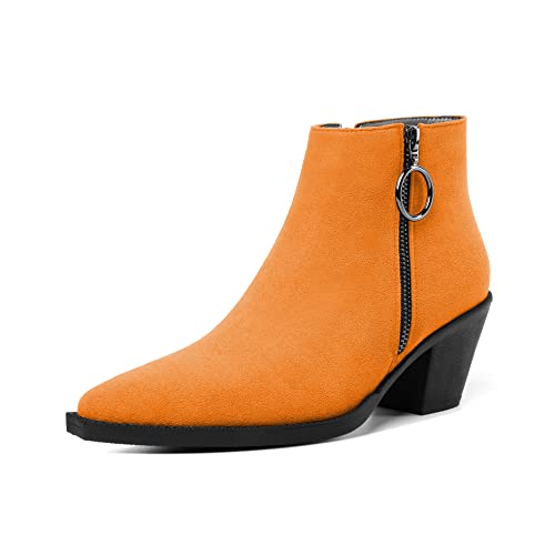 EDEFS Stiefeletten Damen Blockabsatz Chunky Seitenreißverschluss Spitze Zehenkappe Winter Komfort Frauen Boots Orange EU38 von EDEFS