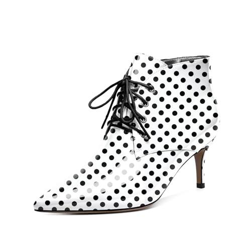 EDEFS Stiefeletten Damen Kitten Absatz Niedriger Absatz Spitze Zehe 6,5 cm Reißverschluss Bequeme Winter Casual Party Stiefel für Hochzeit & Alltag Polka Dot EU43 von EDEFS