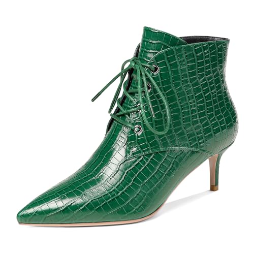 EDEFS Stiefeletten Damen Kitten Absatz Niedriger Absatz Spitze Zehe Reißverschluss 6,5 cm Bequeme Einfach zu Tragen Winter Casual Party Stiefel für Hochzeit & Alltag Grün EU35 von EDEFS