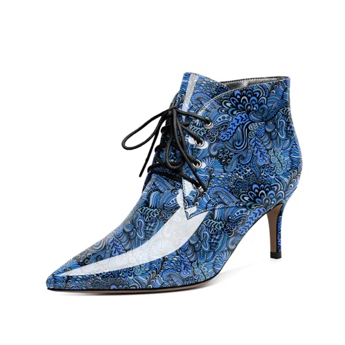 EDEFS Stiefeletten Damen Kitten Absatz Niedriger Absatz Spitze Zehe Reißverschluss 6,5 cm Bequeme Party Winter Casual Stiefel für Hochzeit & Alltag Blume Blau EU39 von EDEFS