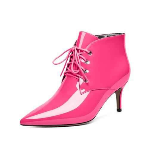 EDEFS Stiefeletten Damen Kitten Absatz Niedriger Absatz Spitze Zehe Reißverschluss 6,5 cm Bequeme Party Winter Casual Stiefel für Hochzeit & Alltag Heißes Rosa EU39 von EDEFS