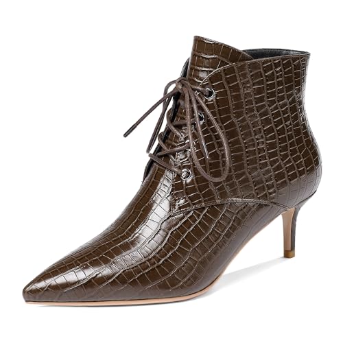 EDEFS Stiefeletten Damen Kitten Absatz Niedriger Absatz Spitze Zehe Reißverschluss 6,5 cm Bequeme Vielseitige Winter Casual Party Stiefel für Hochzeit & Alltag Braun EU44 von EDEFS