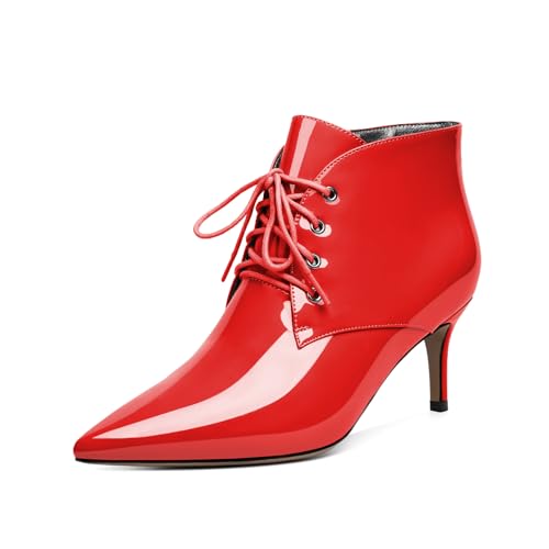 EDEFS Stiefeletten Damen Kitten Absatz Niedriger Absatz Spitze Zehe Reißverschluss 6,5 cm Bequeme Winter Casual Party Alltagsstiefel für Hochzeit Lackrot EU37 EDEFS Stiefeletten Damen Kitten Absatz Niedriger Absatz Spitze Zehe Reißverschluss 6,5 cm Bequeme Winter Casual Party Alltagsstiefel für Hochzeit Lackrot EU37 von EDEFS