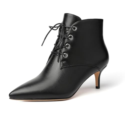 EDEFS Stiefeletten Damen Kitten Absatz Niedriger Absatz Spitze Zehe Reißverschluss 6,5 cm Bequeme Winter Casual Party Alltagsstiefel für Hochzeit Mattschwarz EU37 von EDEFS