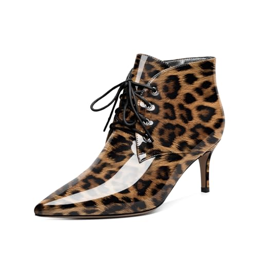 EDEFS Stiefeletten Damen Kitten Absatz Niedriger Absatz Spitze Zehe Reißverschluss 6,5 cm Bequeme Winter Casual Party Hochzeitsstiefel für Alltag Leopard EU41 von EDEFS