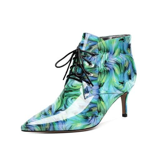 EDEFS Stiefeletten Damen Kitten Absatz Niedriger Absatz Spitze Zehe Reißverschluss 6,5 cm Weich Bequeme Winter Casual Party Stiefel für Hochzeit & Alltag Floral Grün EU42 von EDEFS