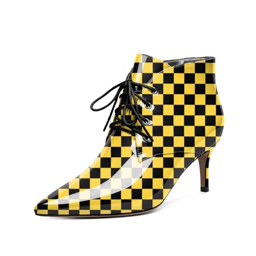 EDEFS Stiefeletten Damen Kitten Absatz Niedriger Absatz Spitze Zehe Reißverschluss 6,5 cm Weich Bequeme Winter Casual Party Stiefel für Hochzeit & Alltag Kariert Gelb EU42 von EDEFS