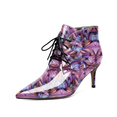 EDEFS Stiefeletten Damen Kitten Absatz Niedriger Absatz Stilvoll Spitze Zehe Reißverschluss 6,5 cm Bequeme Winter Casual Party Stiefel für Hochzeit & Alltag Floral Lila EU40 von EDEFS