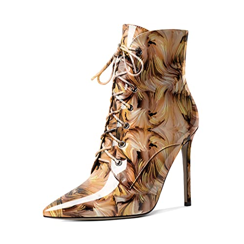 EDEFS Stiefeletten Damen Klassische Frauen Boots Stiletto Schnürsenkel Spitze Zehenkappe Komfort Herbst Winter Stiefel Floral-Braun EU41 von EDEFS