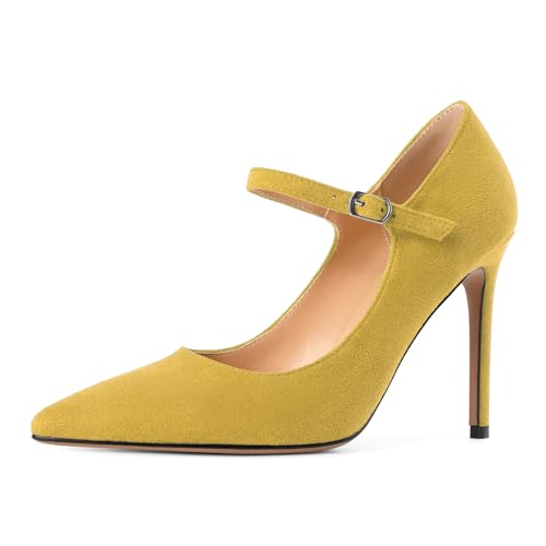 EDEFS Stylische Mary Jane Pumps Damen 4 Zoll High Heel in Wildleder mit Spitzenschuh & Ganzjähriger Mode Tauglichkeit Gelb EU44 von EDEFS
