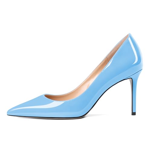 EDEFS Triple Funktion Lackleder Pumps 8cm Stilettoabsatz Slip On Spitzenkappe Essential für Bräute & Karrierefrauen Blau EU39 von EDEFS