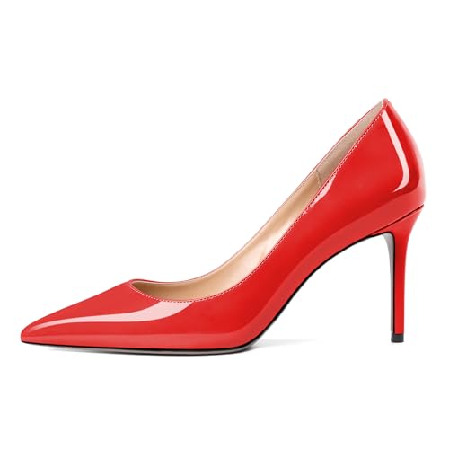 EDEFS Triple Funktion Lackleder Pumps 8cm Stilettoabsatz Slip On Spitzenkappe Essential für Bräute & Karrierefrauen L Rot EU39 von EDEFS