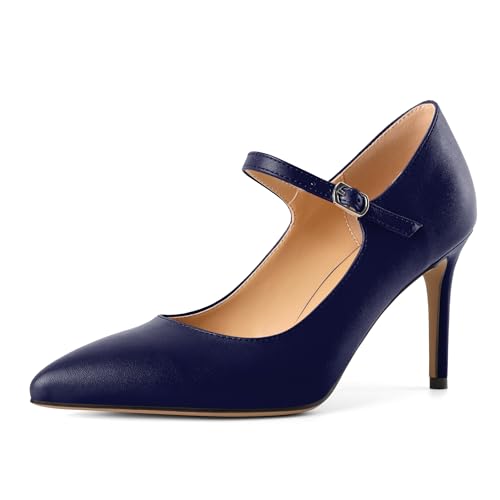 EDEFS Vielseitige Mary Jane Pumps Damen 8,5 cm High Heel in Matt mit Spitzenschuh & gepolstertem Fußbett Marineblau EU38 von EDEFS