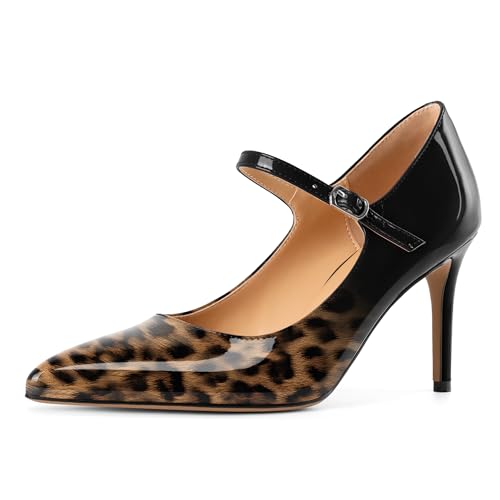 EDEFS Vielseitige Mary Jane Pumps Damen 8.5 cm High Heel mit Spitzenschuh & Gepolstertem Fußbett für Arbeit/Hochzeit Leopard Schwarz EU42 von EDEFS