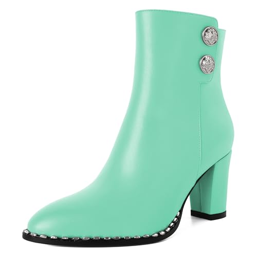 EDEFS Winterstiefelette Spitze 7.5 CM High Heel Knopfverzierung Bequemer Reißverschluss Blockabsatz Stiefel Mintgrün EU36 von EDEFS