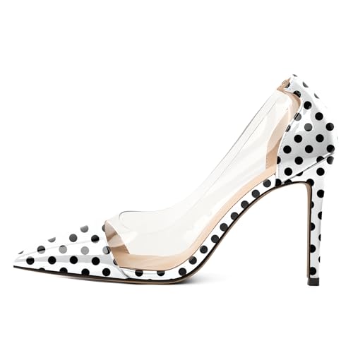 EDEFS Women's Clear PVC Pumps 4 Inch High Heel Stiletto Slip On Pointed Toe Fashion Statement für Arbeit Hochzeit Empfänge Partys Polka Dot EU43 von EDEFS