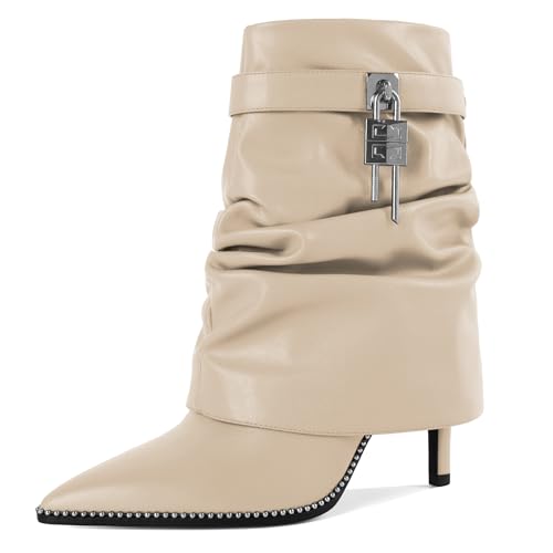 EDEFS Women's Fold Over Boots Slouch Boots mit Reißverschluss Pointed Toe Stiefelette mit Spitze 3.5 Inch High Heel Stiletto Winterstiefel Beige EU39 von EDEFS