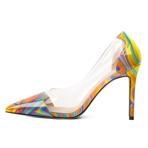 EDEFS Women's Transparent Pumps 4 Inch Stiletto Heel Slip On Sandalen Clear PVC & Pointed Toe Chic für Mode Vorwärts Karriere Hochzeiten Partys Multicolor Wärme EU37 von EDEFS