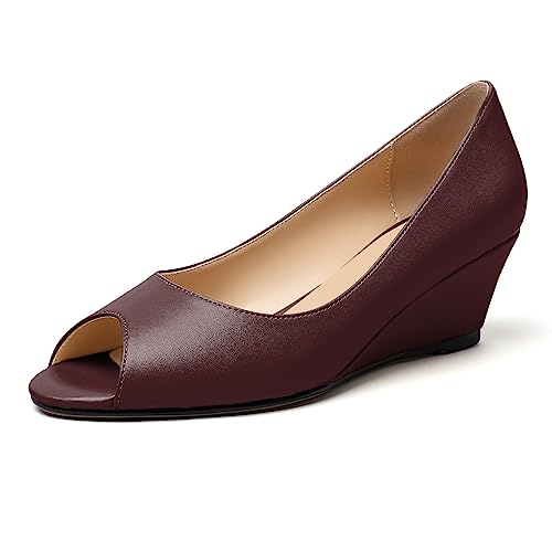 EDEFS offenem Absatz mit Keilabsatz Sandalen Damen Peeptoes zum Reinschlüpfen Niedriger Absatz Pumps Schuhe Burgunderrot Matt EU38 von EDEFS
