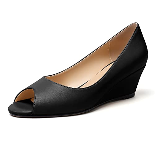 EDEFS offenem Absatz mit Keilabsatz Sandalen Damen Peeptoes zum Reinschlüpfen Niedriger Absatz Pumps Schuhe Schwarz Matt EU38 von EDEFS