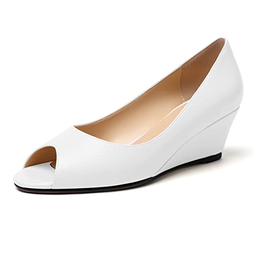 EDEFS offenem Absatz mit Keilabsatz Sandalen Damen Peeptoes zum Reinschlüpfen Niedriger Absatz Pumps Schuhe Weiß Matt EU38 von EDEFS