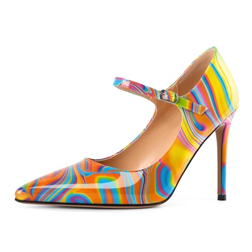 EDEFS rutschfeste Mary Jane Pumps Damen 4 Zoll High Heel mit Spitzenschuh & Verstärkter Hackenkappe für Hochzeit/Arbeit Multicolor Wärme EU40 von EDEFS
