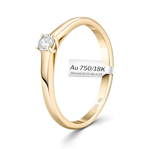 EDELIND 750 Verlobungsring Damen Goldener Solitär Diamant Ring 0,10Ct Ø52 750/18 K Gelbgold Echtgold Stilvolles Geschenk für Frauen mit Geschenkbox von EDELIND