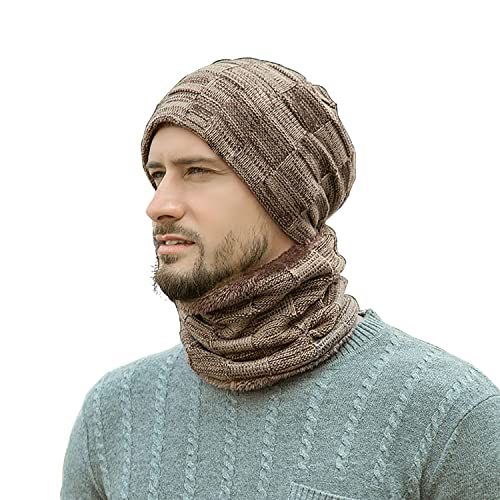 EDIACE XBCBOY Herren Winter Beanie Mütze Schal Set Warmes Fleece Gefüttert Strick Skimützen Slouchy Skull Cap für Unisex Geschenk (Khaki) von EDIACE