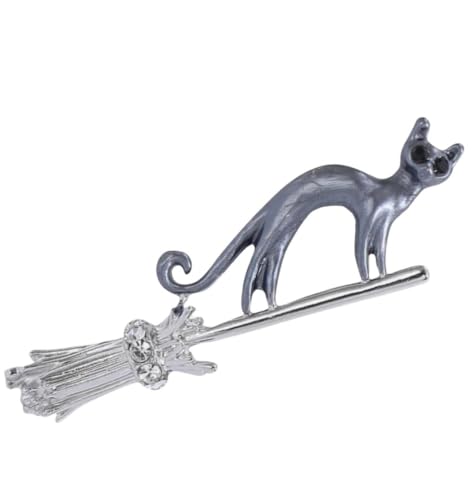 EDIBAZZAR Silberne Brosche mit Zirkonen, schwarze Katze auf einem Besen, Anstecknadel mit Kätzchen von EDIBAZZAR