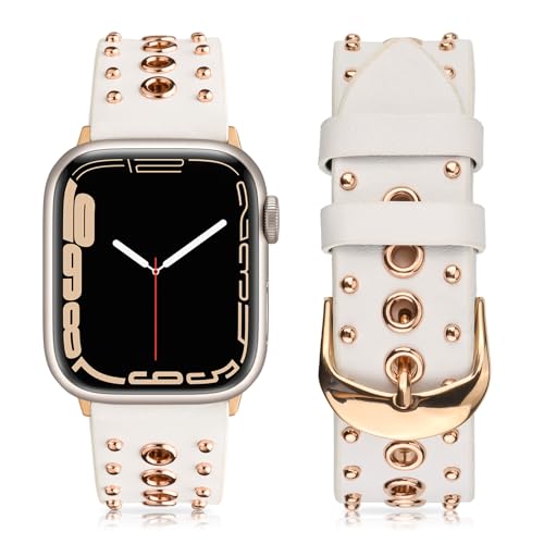 EDIMENS Lederarmband Kompatibel mit Apple Watch Armband 41mm 40mm 38mm Herren Damen, Echtes Lederband Punk Ersatzarmband mit Edelstahl Rivet Armbands für iWatch Series Ultra SE 8 7 6 5 4 3 2 1, Weiß von EDIMENS