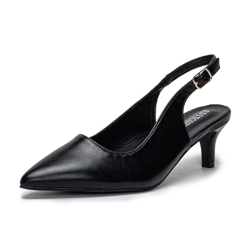 Damen Pumps Slingback Slingpumps Sandalen Spitzenschuhe mit Kitten Heel SchwarzPu 43 von EDITCOZY
