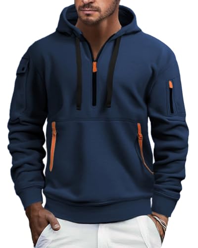 EDITCOZY Herren Half Zip Fleece Pullover Hoody Langarm Sweatshirts Zip Up Pullover Hoodie Blau 2XL von EDITCOZY