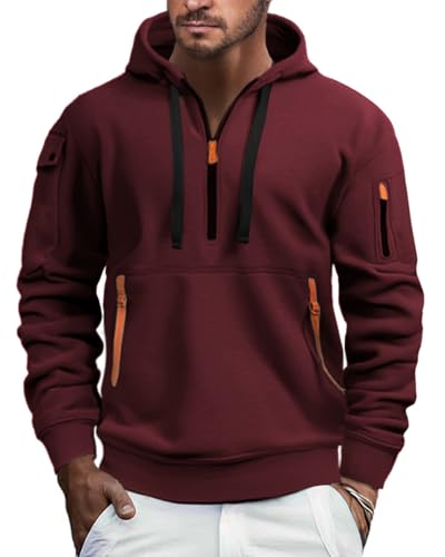 EDITCOZY Herren Half Zip Fleece Pullover Hoody Langarm Sweatshirts Zip Up Pullover Hoodie Rot XL von EDITCOZY