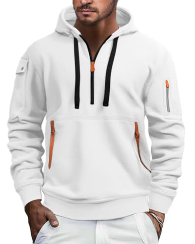 EDITCOZY Herren Half Zip Fleece Pullover Hoody Langarm Sweatshirts Zip Up Pullover Hoodie Weiß S von EDITCOZY