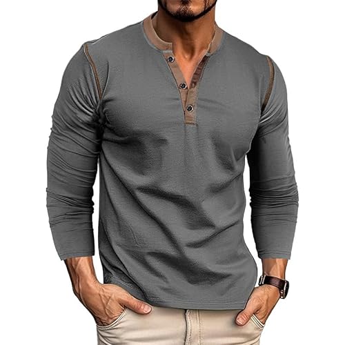 Herren Langarmhemden Henley Shirts Pullover Baumwolle Klassische Grandad Tshirt Button Tops Grau 2XL von EDITCOZY