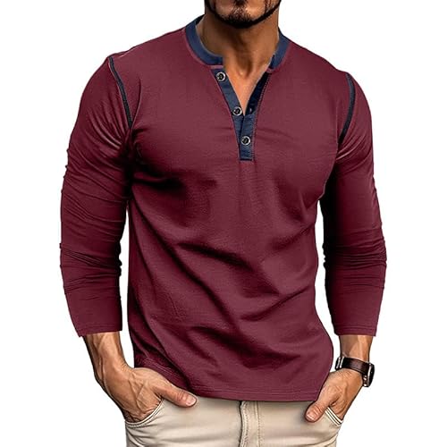 Herren Langarmhemden Henley Shirts Pullover Baumwolle Klassische Grandad Tshirt Button Tops Rot L von EDITCOZY
