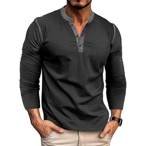 Herren Langarmhemden Henley Shirts Pullover Baumwolle Klassische Grandad Tshirt Button Tops Schwarz M von EDITCOZY