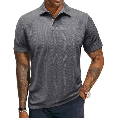 Poloshirt Herren Kurzarm Textur Strickshirts Klassische Baumwolle Golf Pullover Sommer Poloshirts Männer Knopfleiste Polohemd Dunkelgrau XL von EDITCOZY