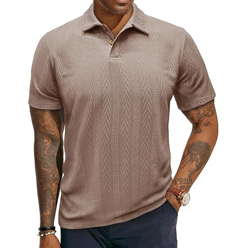 Poloshirt Herren Kurzarm Textur Strickshirts Klassische Baumwolle Golf Pullover Sommer Poloshirts Männer Knopfleiste Polohemd Khaki M von EDITCOZY