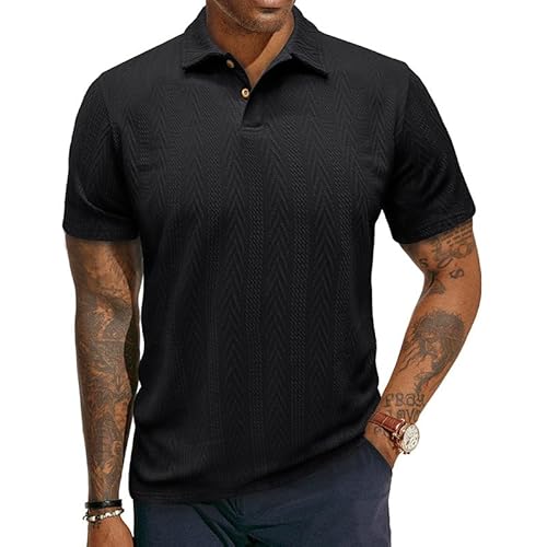 Poloshirt Herren Kurzarm Textur Strickshirts Klassische Baumwolle Golf Pullover Sommer Poloshirts Männer Knopfleiste Polohemd Schwarz 2XL von EDITCOZY