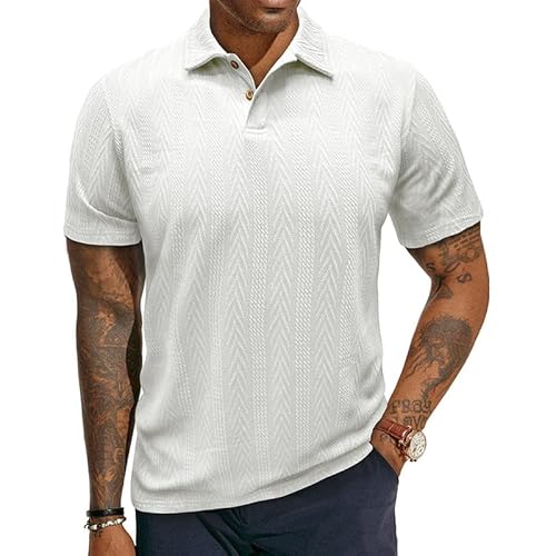 Poloshirt Herren Kurzarm Textur Strickshirts Klassische Baumwolle Golf Pullover Sommer Poloshirts Männer Knopfleiste Polohemd Weiß S von EDITCOZY