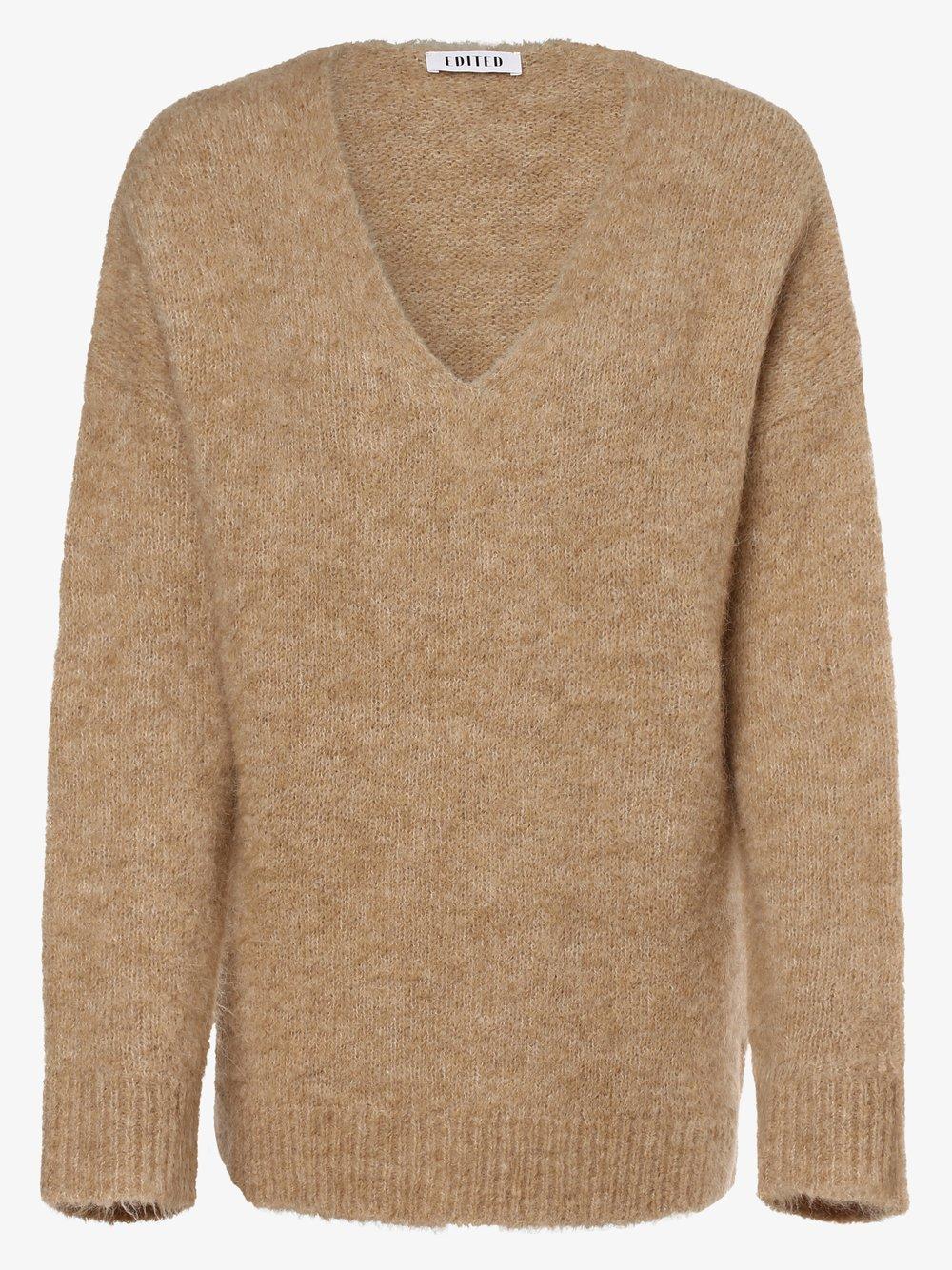 EDITED Pullover mit Alpaka-Anteil Damen Wolle V-Ausschnitt meliert, beige von EDITED